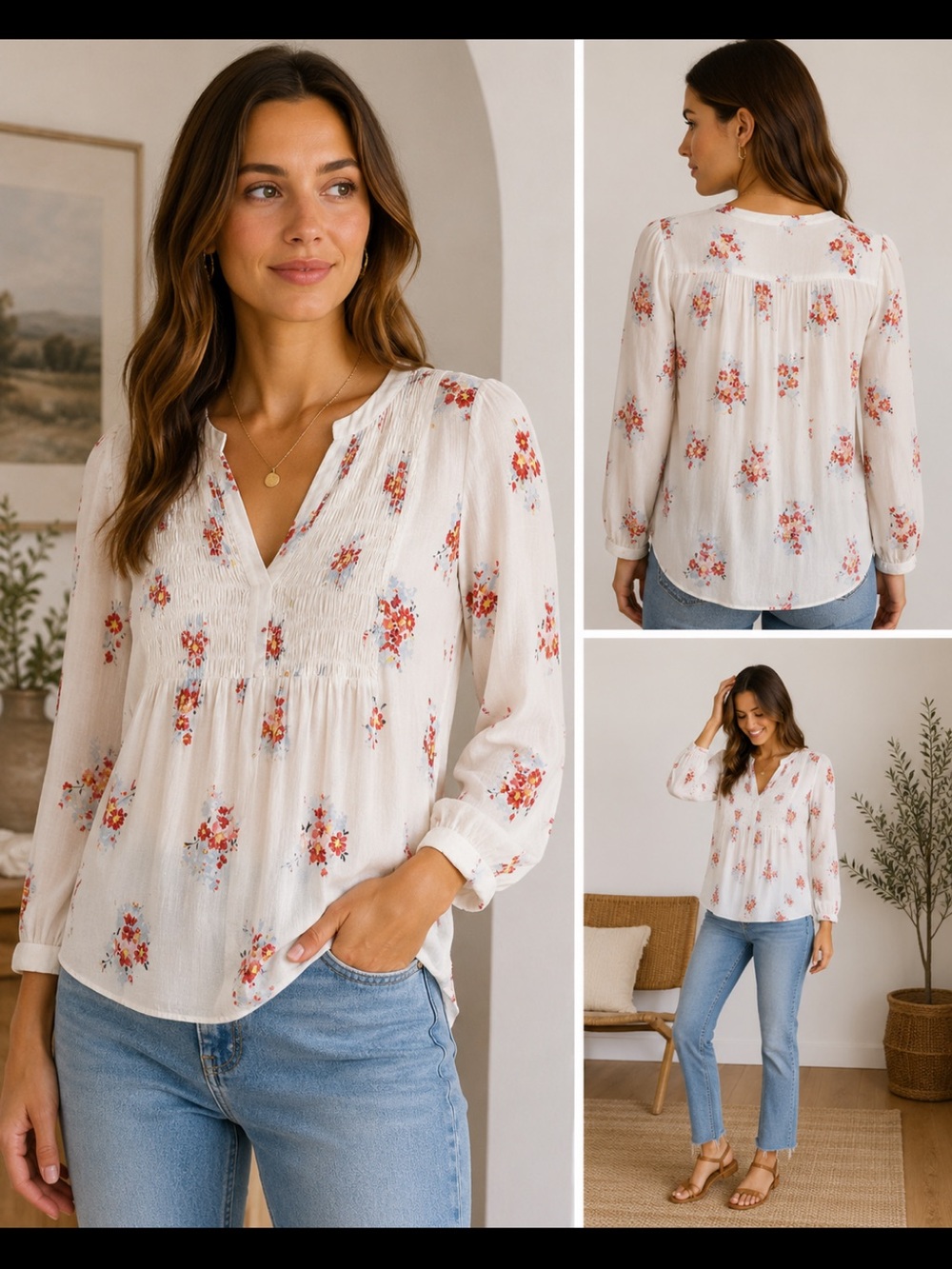 Lucky Brand Women’s M Floral Smocked
Peasant Blouse Boho Cottagecore Viscose